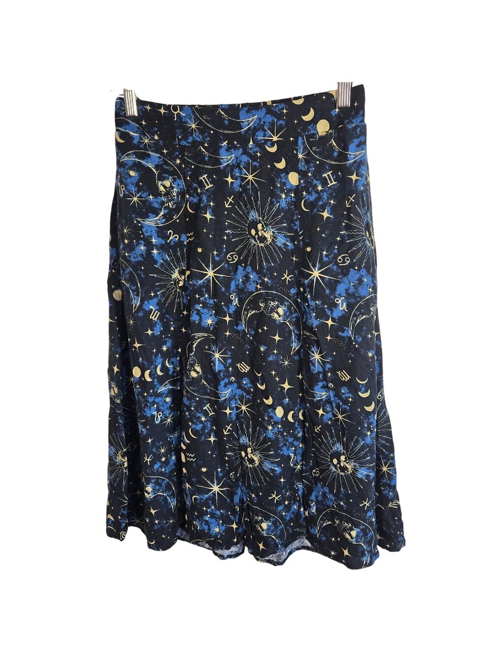 XS – Midnight Hour Black & Blue Celestial Zodiac Midi Skirt with Slits & Pockets